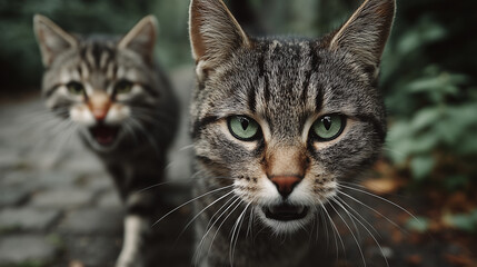 Two tabby cats with green eyes are outdoors, one in sharp focus looking directly at camera, while other is blurred in background, creating curious and engaging scene