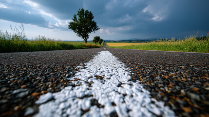 Close up view of textured asphalt road with white center line leading towards tree under cloudy sky, surrounded by green grass and fields, evoking calm and open countryside atmosphere