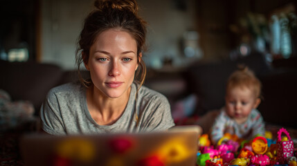 Young woman with focused expression is using laptop in cozy living room while baby plays with colorful toys in background, creating warm and intimate atmosphere