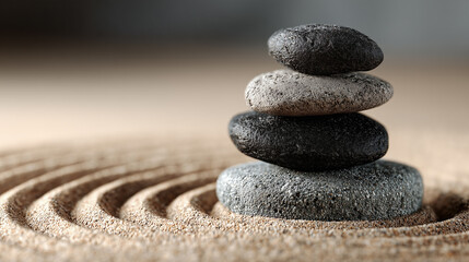 Stack of four smooth stones on sand with concentric circles, symbolizing balance and calmness in serene setting
