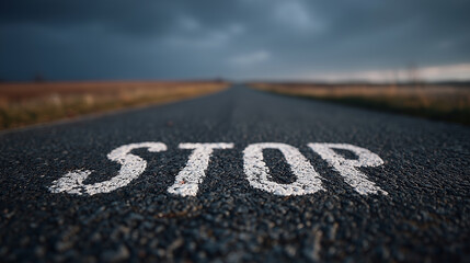Stop sign painted on asphalt road surface with blurred background and cloudy sky, conveying caution and alertness on rural highway