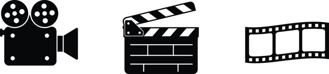 Vintage film camera clapperboard and film strip icons on white background cinema movie