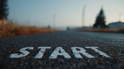 Start word painted on asphalt road with blurred background of trees and buildings at dawn or dusk, evoking sense of new beginnings and motivation