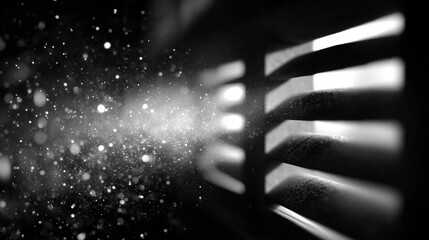 Dust particles floating in air illuminated by light shining through window blinds, creating dramatic and atmospheric black and white scene