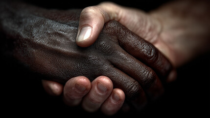 Two hands of different skin tones holding each other gently, symbolizing unity, support, and compassion in close up view with dark background