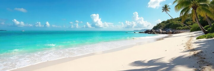 A sun-drenched beach scene, untouched and serene, with calm turquoise water lapping gently against the shore; perfect for a quiet summer escape , golden, escape, uninhabited