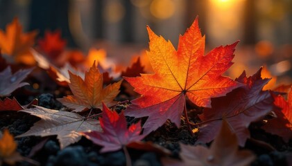 A vibrant close-up of sun-drenched autumn leaves smoldering in a controlled burn, illustrating the forestry practice of prescribed fire for forest health and wildfire prevention , autumn, glowing