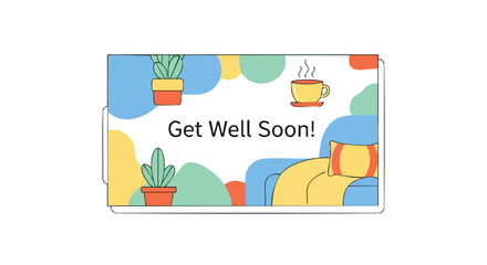 Naklejka premium Cheerful 'Get Well Soon' Card Featuring Cozy Couch, Cacti, and Steaming Coffee Imagery designed with a Vibrant Color Palette and Delicate Line Art
