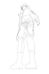 A determined man in a trench coat and striped shirt stands with a sword, his hands clasped and boots grounded on a white background.