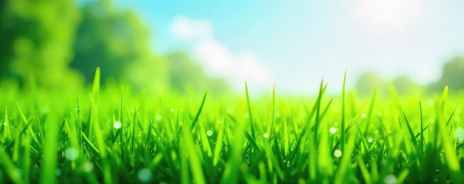 A vibrant green field of freshly cut grass, glistening with morning dew, under a bright summer sky The scene evokes a feeling of pure, revitalizing freshness , bright, tranquility, natural