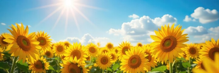 Fototapeta premium A vibrant sun shines on a field of blooming sunflowers, conveying pure joy and summer bliss Perfect for themes of optimism, well-being, and positive energy , flora, glowing