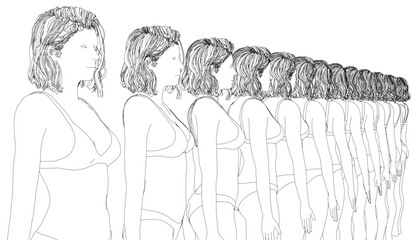 A group of women stand in a row wearing bra and panties against a white background.