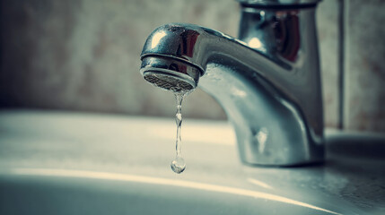 Close-up chrome faucet dripping water onto white porcelain sink illustrating urgent leak repair and plumbing issue