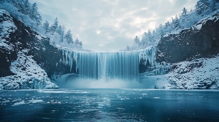 Fototapeta premium Expansive frozen waterfall over icy cliffs with snow layers under blank winter sky, serene natural landscape, frozen river, outdoor cold environment, adventure and exploration concept.