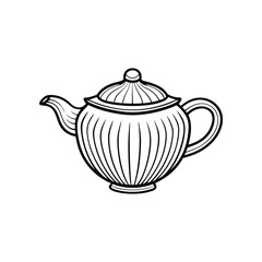 Teapot: An elegant black and white line drawing of a classic teapot, evoking a sense of vintage charm and warmth.