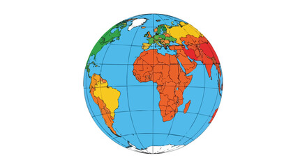 Vibrant stylized globe illustration depicting continents in diverse colors on a white backdrop, ideal for educational purposes 80 characters