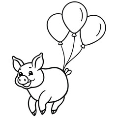Cute Cartoon Piglet Flying with Three Balloons, Outline Illustration for Coloring Books and Art
