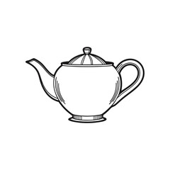 Classic Teapot Silhouette: A clean, minimalist line drawing of a classic teapot, capturing the timeless elegance of traditional design in monochromatic style.