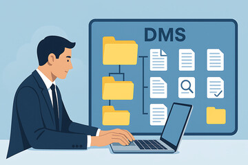 Man using a laptop for document management system to organize and store digital files and folders