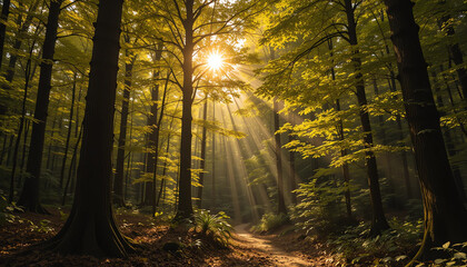 Fototapeta premium Golden sunlight shining through forest leaves