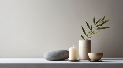 Serene still life capturing zen aesthetics. Features a candle, stone, plant, and bowl against a neutral backdrop. Perfect for wellness, mindfulness, and calm concepts.