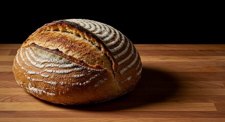 Crusty sourdough boule on wooden surface
