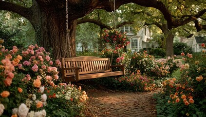 Obraz premium Rustic wooden swing in a garden, flowers, home in background