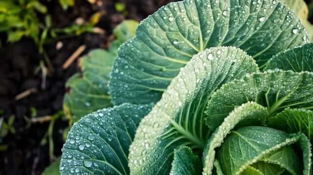 Close-up of a fresh green cabbage with water droplets on its leaves.