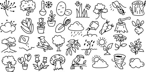 Nature and Gardening Line Icons Set – Trees, Plants, Flowers, Gardening Tools, Weather, Vegetables, Birds, Eco Symbols, Minimal Hand Drawn Outline Style Collection