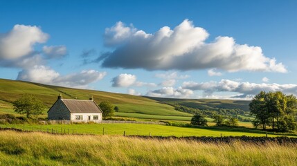 A picturesque countryside scene featuring a stone cottage, lush green fields, and a clear blue sky with scattered clouds.