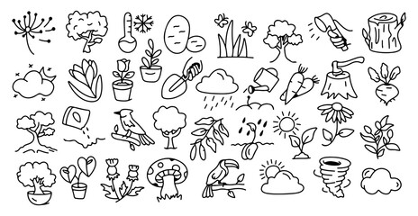 Nature and Gardening Line Icons Set – Trees, Plants, Flowers, Gardening Tools, Weather, Vegetables, Birds, Eco Symbols, Minimal Hand Drawn Outline Style Collection