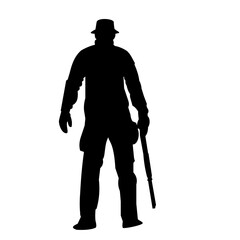 Silhouette of a man with a hat holding a long object. Suitable for cover designs, book illustrations, and posters.