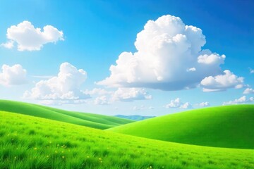 Obraz premium Fluffy white clouds gather above a vibrant green landscape, embodying a refreshing, light and airy concept of a 