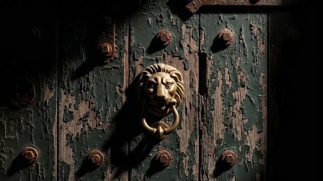 Weathered green wooden door with a lion head knocker in dim lighting and rusty hardware
