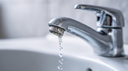 Close-up chrome faucet dripping water onto white porcelain sink illustrating urgent leak repair and plumbing issue