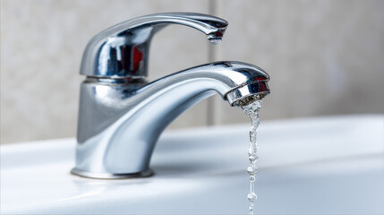 Close-up chrome faucet dripping water onto white porcelain sink illustrating urgent leak repair and plumbing issue