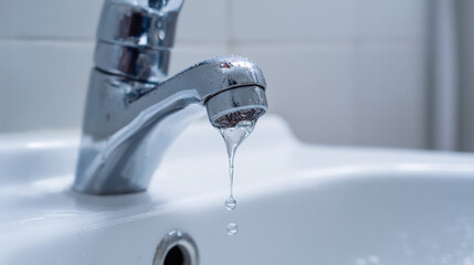 Close-up chrome faucet dripping water onto white porcelain sink illustrating urgent leak repair and plumbing issue