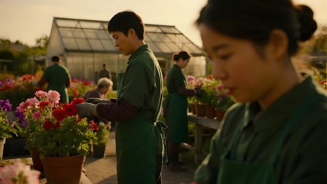 Gardeners tending to potted flowers in a greenhouse setting