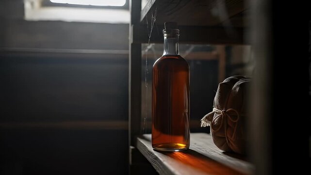 Bottle of amber liquid, sack, and cobwebs, rest on a wooden shelf in muted light