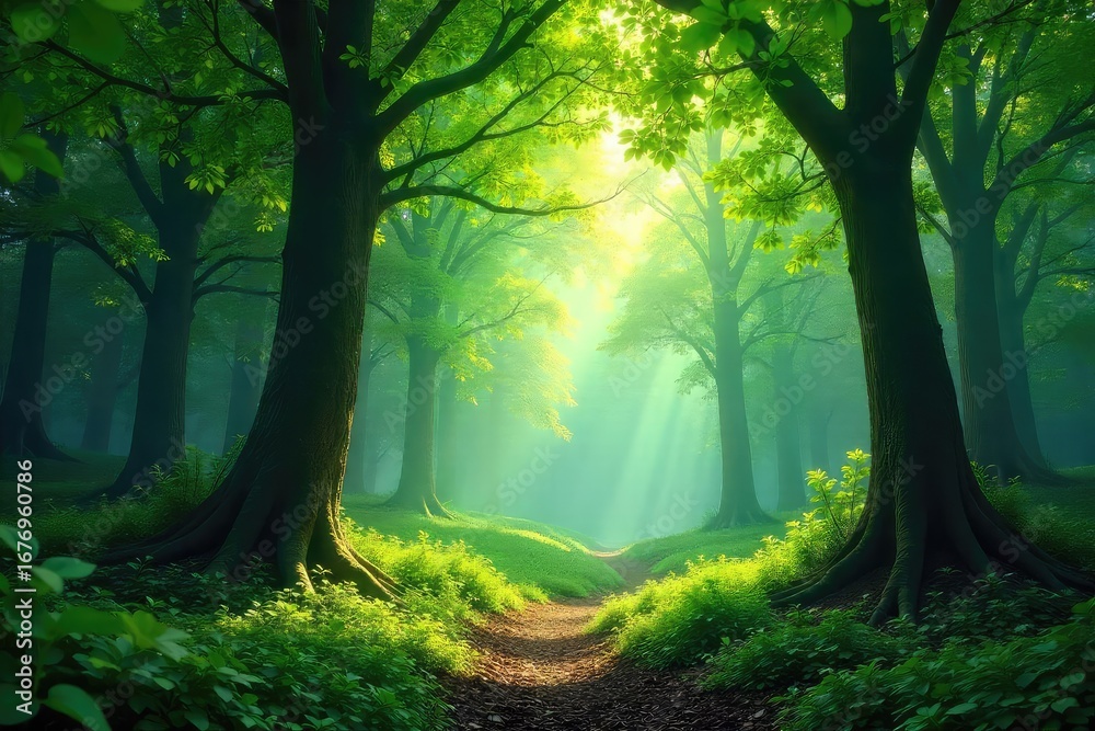 Canvas Prints lush green forest canopy, dappled sunlight filtering through leaves, creating a magical atmosphere p