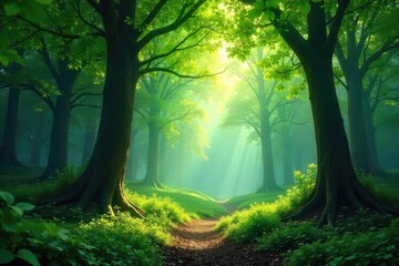Lush green forest canopy, dappled sunlight filtering through leaves, creating a magical atmosphere Perfect for nature, environmental, and fantasy themes , shade, outdoor