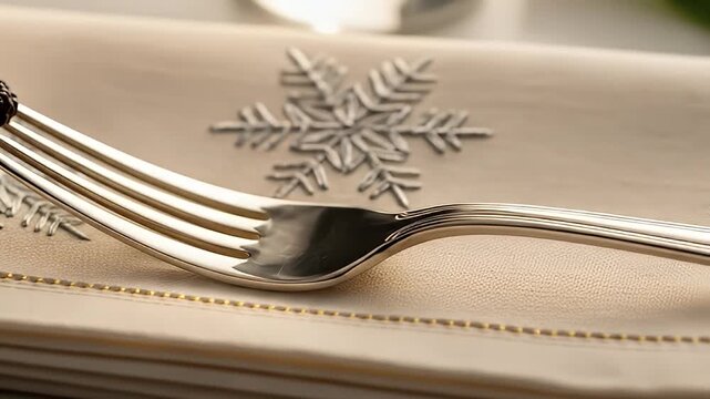 Close-up of a fork on a cream-colored linen napkin with a snowflake and berry