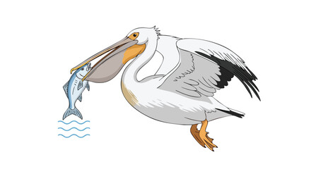 Obraz premium Pelican's Perch: A Bird's-Eye View of Coastal Catch and Culinary Conquest in Simple Illustration style