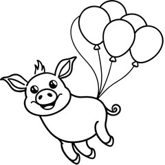 Cartoon Piglet Flying with Balloons Outline Illustration for Coloring Pages and Kids' Activities