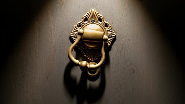 Dramatic spot-lit ornamental brass door knocker centered on a dark wooden door