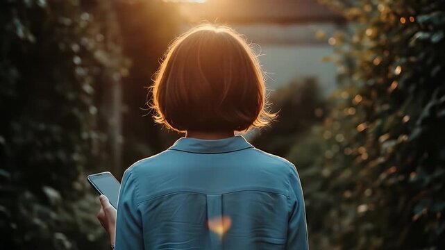 Woman stares into sun holding phone, back view, with short hair and blue shirt