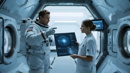 Astronaut and scientist discussing data on a digital screen inside a spacecraft