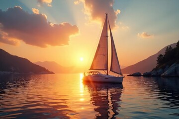 Majestic sailboats glide across a tranquil waterscape at sunset, casting long shadows on the calm water The scene is idyllic and serene, perfect for peaceful imagery , peaceful, shadow