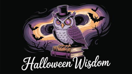 Wise Owl Wearing Top Hat and Monocle Sitting on Books Halloween Theme wisdom