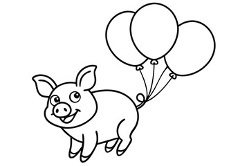 Cartoon Piglet Holding Three Balloons Black and White Drawing for Coloring Books